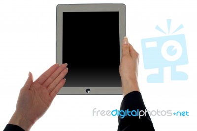 Female Hand Showing Blank Screen Of Tablet Stock Photo