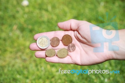 Female Hand Showing Euro Coins Stock Photo