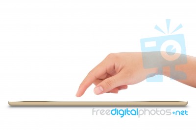 Female Hand Touching On Mock Up Tablet Isolated With Clipping Path Inside Stock Photo