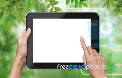 Female Hand Touching Tablet Pc Stock Photo