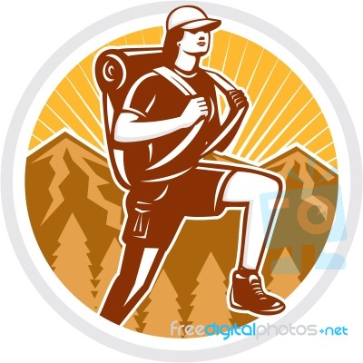 Female Hiker Hiking Mountain Circle Retro Stock Image