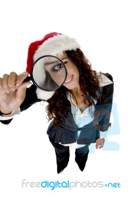 Female Holding Magnifier Stock Photo