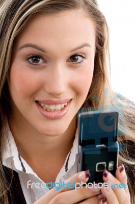 Female Holding Mobile Stock Photo