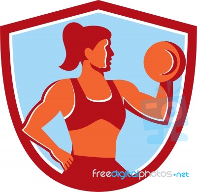 Female Lifting Dumbbell Shield Retro Stock Image