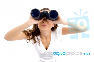 Female Looking Upward Through Binocular Stock Photo