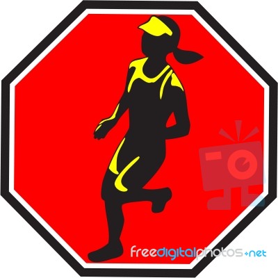 Female Marathon Runner Octagon Retro Stock Image