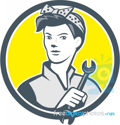 Female Mechanic Worker Holding Wrench Retro Stock Image