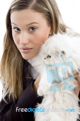 female model Posing With Her cat Stock Photo