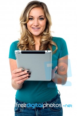 Female Model Using Tablet Pc Stock Photo