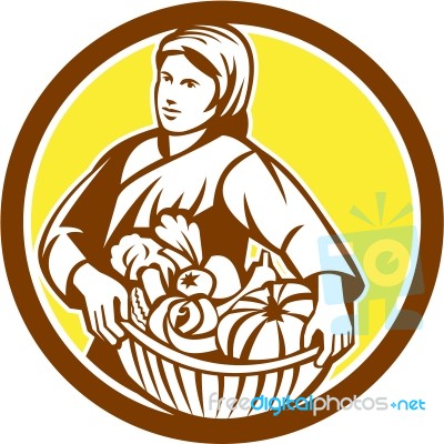 Female Organic Farmer Basket Harvest Retro Stock Image