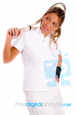 Female Posing With Racket Stock Photo