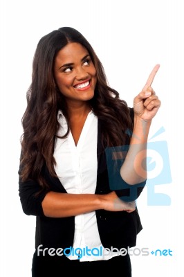 Female Representative Pointing Away Stock Photo