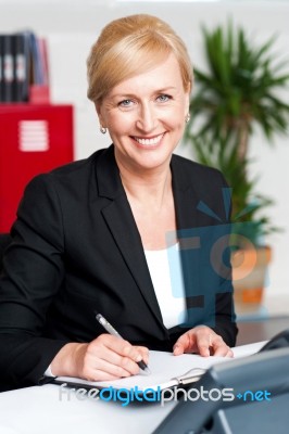 Female Secretary Writing On Notepad Stock Photo