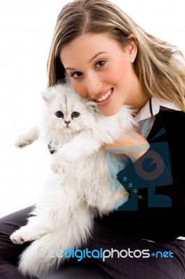 Female Smiling And Posing With Cat Stock Photo