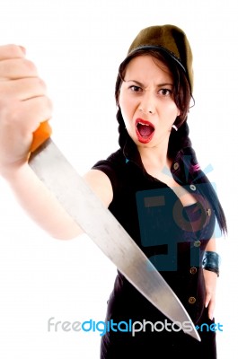 Female Soldier With Knife Tocamera Stock Photo