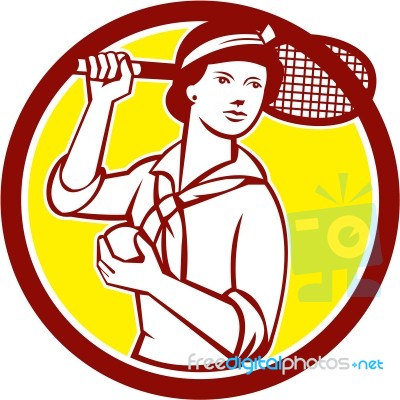 Female Tennis Player Racquet Vintage Circle Retro Stock Image