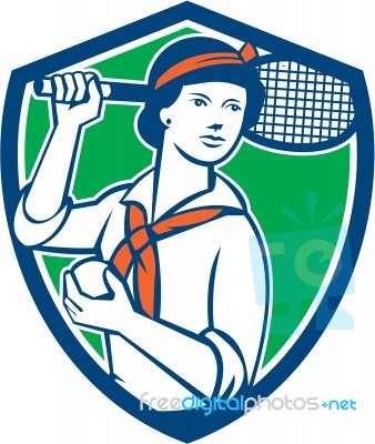 Female Tennis Player Racquet Vintage Shield Retro Stock Image