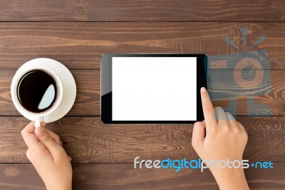 Female Toch On Digital Tablet Blank Screen On Top View Stock Photo