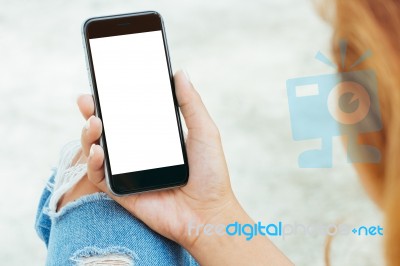 Female Using Phone White Screen Display Stock Photo