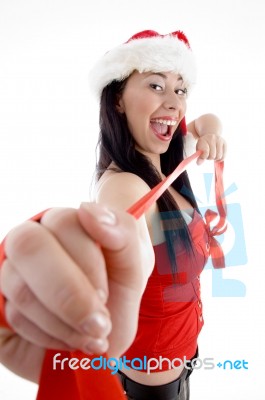 Female Wearing Christmas Hat Stock Photo