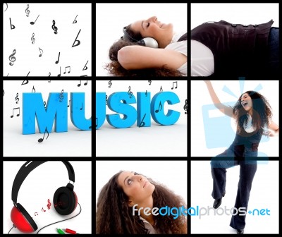 Female With Headphone And Enjoying Music Stock Photo