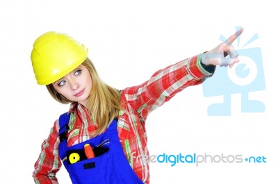 Female Worker Pointing Up Stock Photo