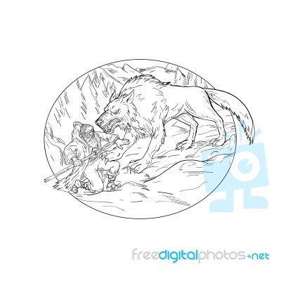 Fenrir Attacking Norse God Odin Drawing Black And White Stock Image