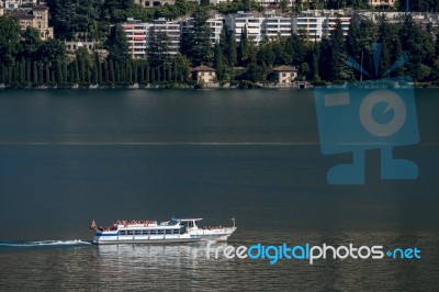 Ferry On Lake Lugano Stock Photo