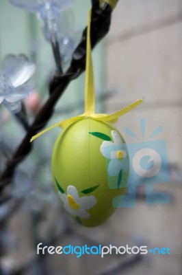 Festive Painted Egg Hanging From A Tree In Arco Trentino Italy Stock Photo