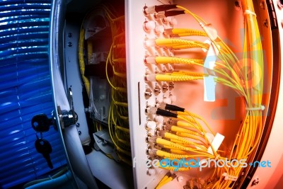 Fiber Optic With Servers In A Technology Data Center Stock Photo