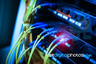 Fiber Optic With Servers In A Technology Data Center Stock Photo