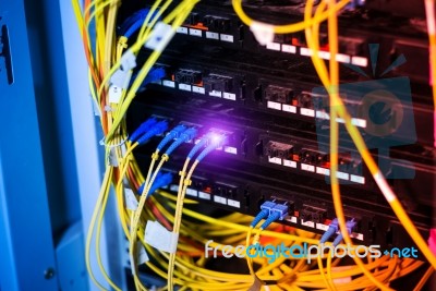 Fiber Optic With Servers In A Technology Data Center Stock Photo