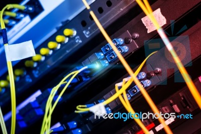 Fiber Optic With Servers In A Technology Data Center Stock Photo