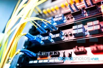 Fiber Optic With Servers In A Technology Data Center Stock Photo