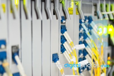 Fiber Optic With Servers In A Technology Data Center Stock Photo