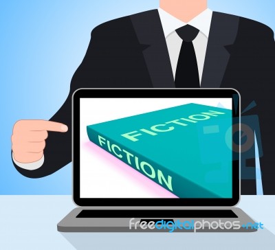 Fiction Book Laptop Shows Books With Imaginary Stories Stock Image