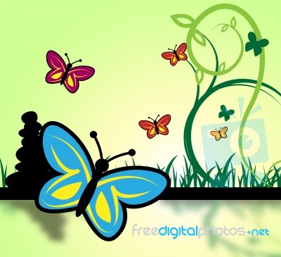 Field Of Butterflies Represents Grassland And Environment Stock Image