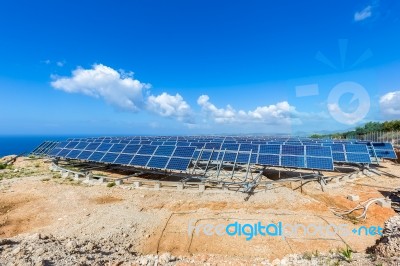 Field Of Solar Collectors On Rotatable Construction Stock Photo