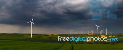 Fields With Wind Power Turbines Stock Photo