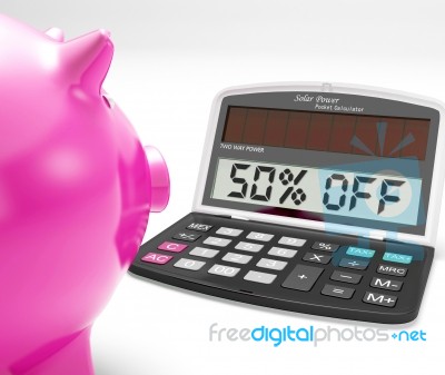 Fifty Percent Off Calculator Means Half-price Promotions Stock Image