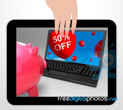 Fifty Percent Off Laptop Displays 50 Half-price Savings Stock Image