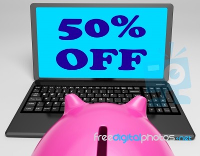 Fifty Percent Off Laptop Means Web Sale Price Reduced 50 Stock Image