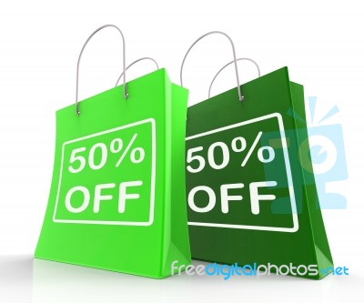 Fifty Percent Off On Shopping Bags Shows 50 Bargains Stock Image