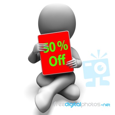 Fifty Percent Off Tablet Means 50% Discount Or Sale Online Stock Image