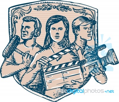 Film Crew Clapperboard Cameraman Soundman Etching Stock Image