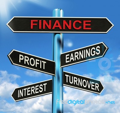 Finance Signpost Shows Profit Earnings Interest And Turnover Stock Image