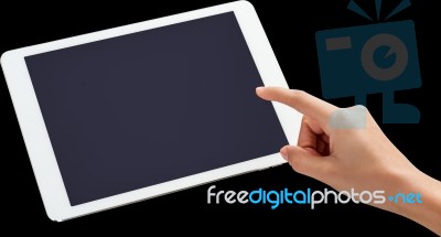 Finger Being Pointed On Tablet Screen Stock Photo