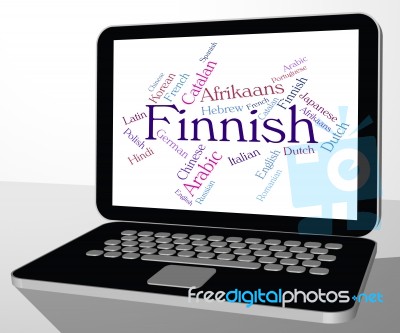 Finnish Language Indicates Translator Finland And Wordcloud Stock Image