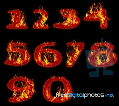 Fire Burning On Arabic Number Zero To Nine Stock Photo