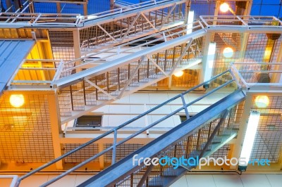 Fire Escape Ladder Upper View On Offshore Platform With Lighting… Stock Photo